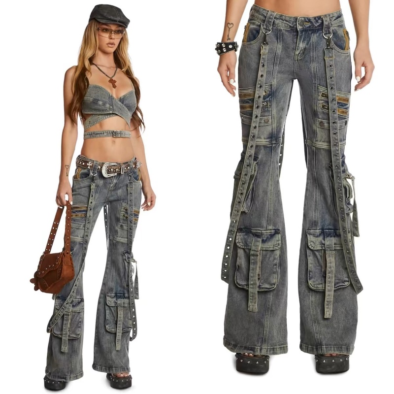 Dollskill New Trendy Pants Vintage Distressed Denim Flared Workwear Denim Trousers