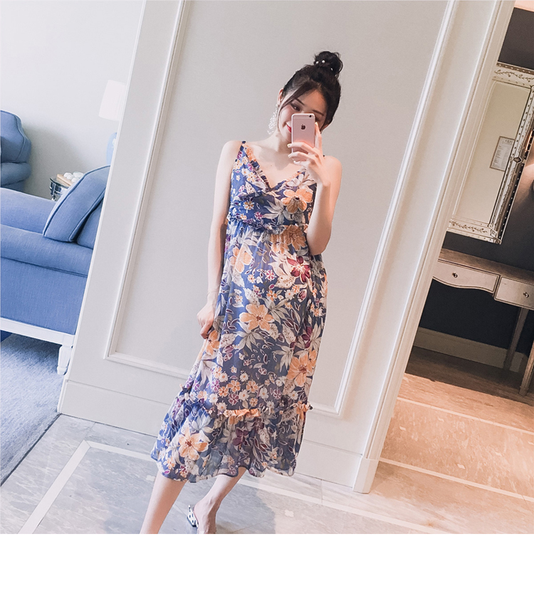 Thai sản mặc 2018 mùa hè mới Hàn Quốc phiên bản của v- cổ in voan có thể cho con bú một phiên bản của phụ nữ mang thai bãi biển đầm đầm váy bầu công sở