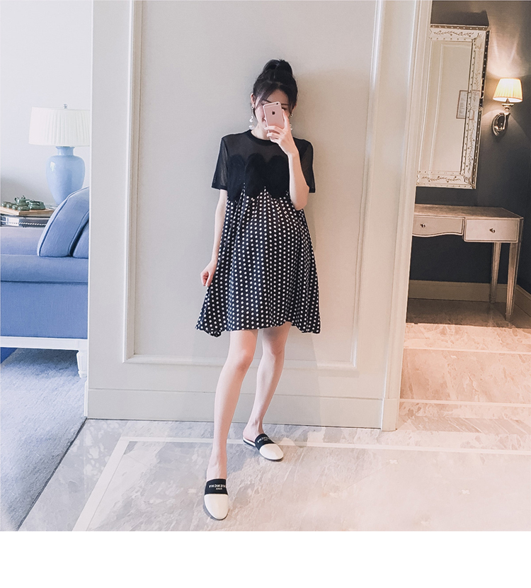 Thai sản mặc 2018 mùa hè mới nụ lụa màn hình nối sóng dot dot Một phiên bản búp bê áo sơ mi mang thai ăn mặc Hàn Quốc váy bầu mùa hè