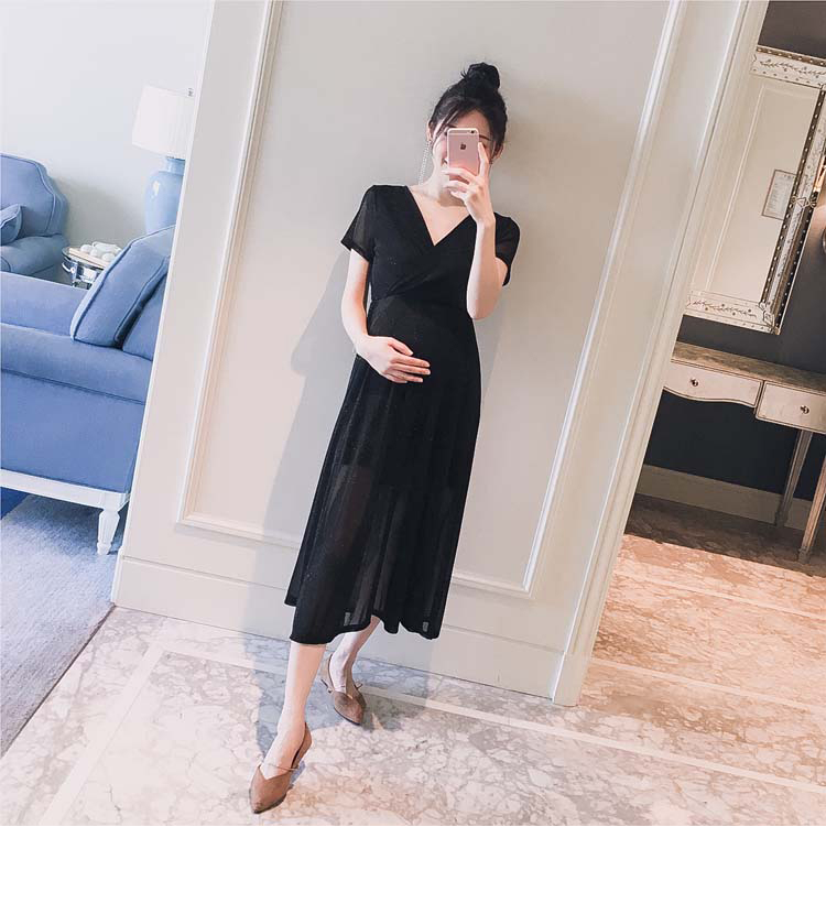 Thai sản mặc 2018 mùa hè mới Hàn Quốc phiên bản của V-Cổ có thể được cho con bú lụa sáng là eo mỏng phụ nữ mang thai dài ăn mặc