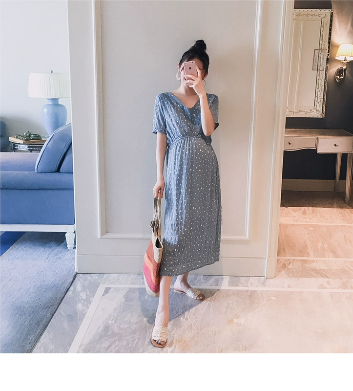 Thai sản mặc 2018 mùa hè ăn mặc mới V-Cổ điểm sóng tie eo thời trang phụ nữ mang thai hot mom dài dresses