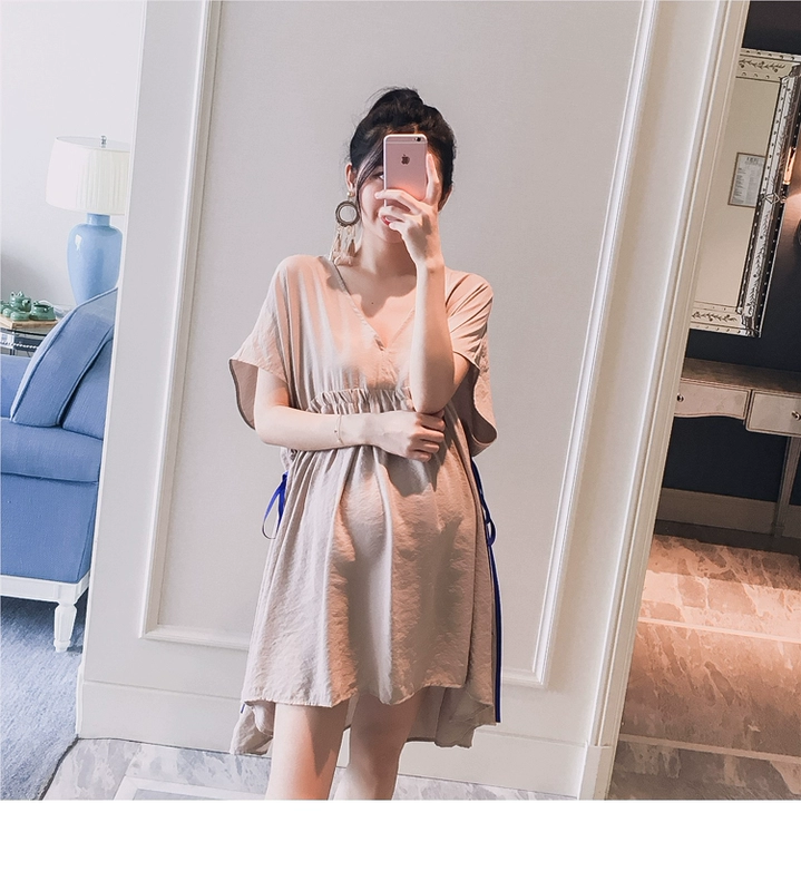 Thai sản mặc 2018 mùa hè mới của Hàn Quốc thời trang V-Cổ webbing đàn hồi lỏng Một phiên bản búp bê áo sơ mi phụ nữ mang thai ăn mặc quần áo bà bầu công sở