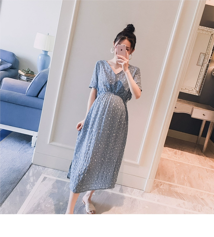 Thai sản mặc 2018 mùa hè ăn mặc mới V-Cổ điểm sóng tie eo thời trang phụ nữ mang thai hot mom dài dresses quần áo bầu đẹp