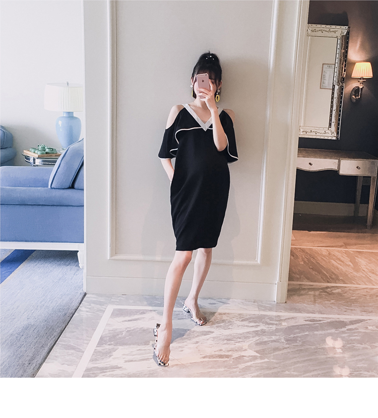Thai sản mặc 2018 mùa hè mới Hàn Quốc phiên bản của V-Cổ strapless màu rắn là mỏng thời trang đoạn dài phụ nữ mang thai ăn mặc mùa hè quần áo bà bầu công sở