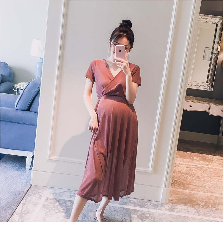 Thai sản mặc 2018 mùa hè mới Hàn Quốc phiên bản của V-Cổ có thể được cho con bú lụa sáng là eo mỏng phụ nữ mang thai dài ăn mặc áo bà bầu