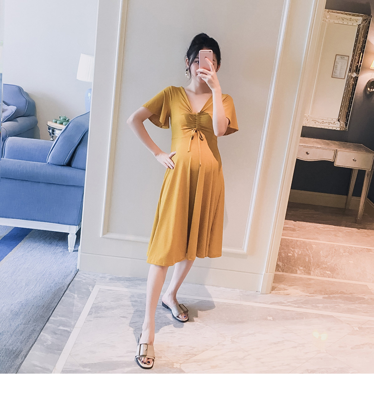 Thai sản mặc 2018 mùa hè phong cách mới neckline V-Cổ eo đàn hồi phụ nữ mỏng mang thai dài ăn mặc triều áo bầu đẹp