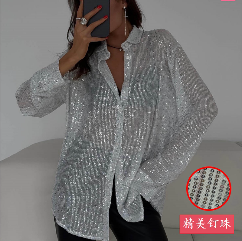 2024 European and American New Style Sequin Top with Lapel, Long-Sleeved Cardigan, Women's Shirt Jacket with Beading and Embroidery