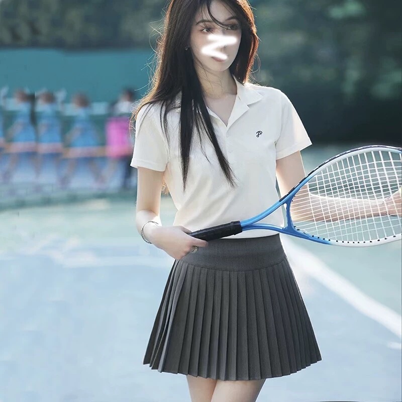 College Style Sports Suit for Women, Summer Outdoor Running Polo Shirt, Short-Sleeved Pleated Skirt, Tennis and Badminton Suit, Two-Piece Set