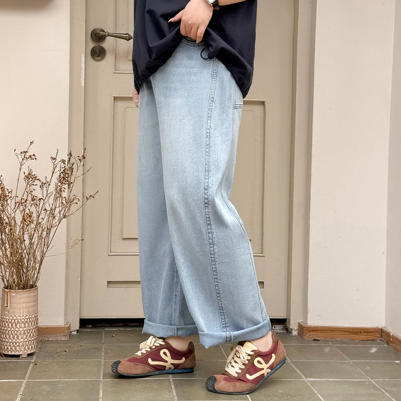 Plus Size Women's Clothing [Stylish Slimming Pants] Summer Vintage High-Waisted Loose Leg-Slimming Hip-Covering Wide-Leg Jeans for Fat Women