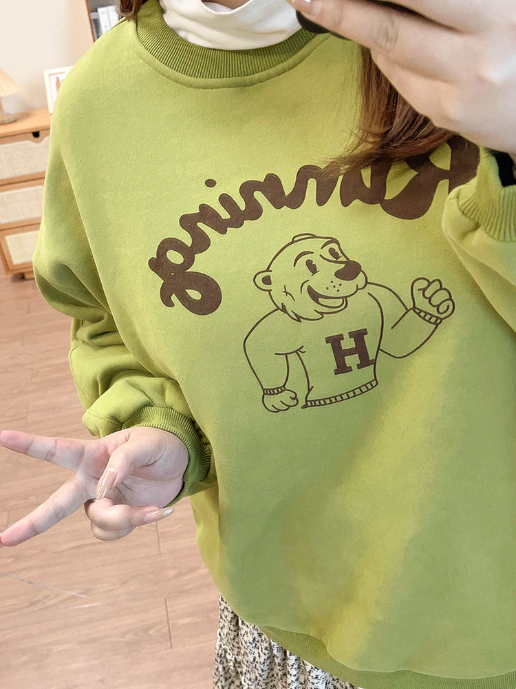 Retro Letter Printed Long-Sleeved Autumn and Winter Large Size 115kg Velvet Warm Sweatshirt for Women