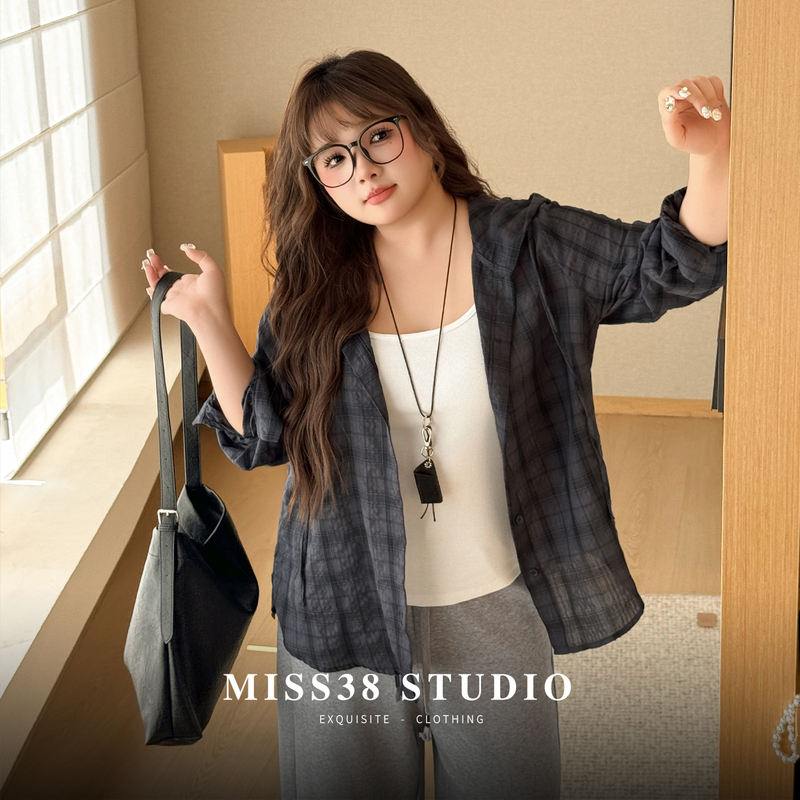 Plus Size Women's Clothing [Youwu Relaxed Plaid Shirt] Early Autumn Loose and Lightweight Long-Sleeved Plaid Top with Hood for Fat Women