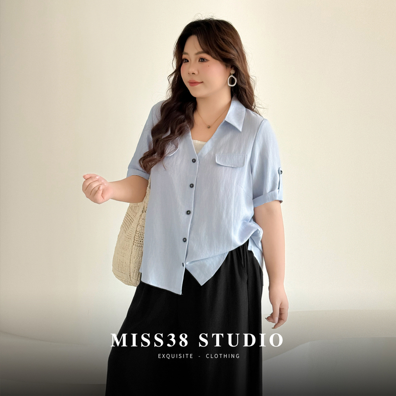 Plus Size Women's Clothing [Elegant and Complexion-Enhancing] Tencel Linen Plain V-Neck Short-Sleeve Shirt with Folded Cuffs, Loose Fit, Summer Shirt