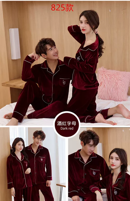 2 bộ pyjama cặp đôi vàng nhung thu đông nam nữ dài tay áo cưới màu đỏ tại nhà có thể mặc bên ngoài - Cha mẹ và con