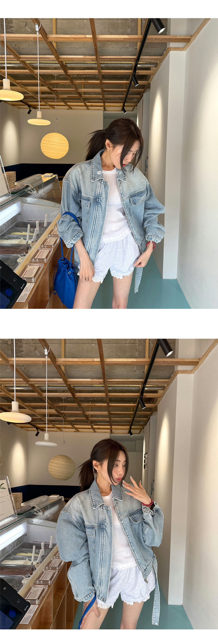 한국 스타일 새로운 워크웨어 바람 카우보이 바깥 세트 여성 의류 폴로 칼라 루즈핏 슬림해 보이는 쇼트 스타일 데님 재킷 상세 이미지 5
