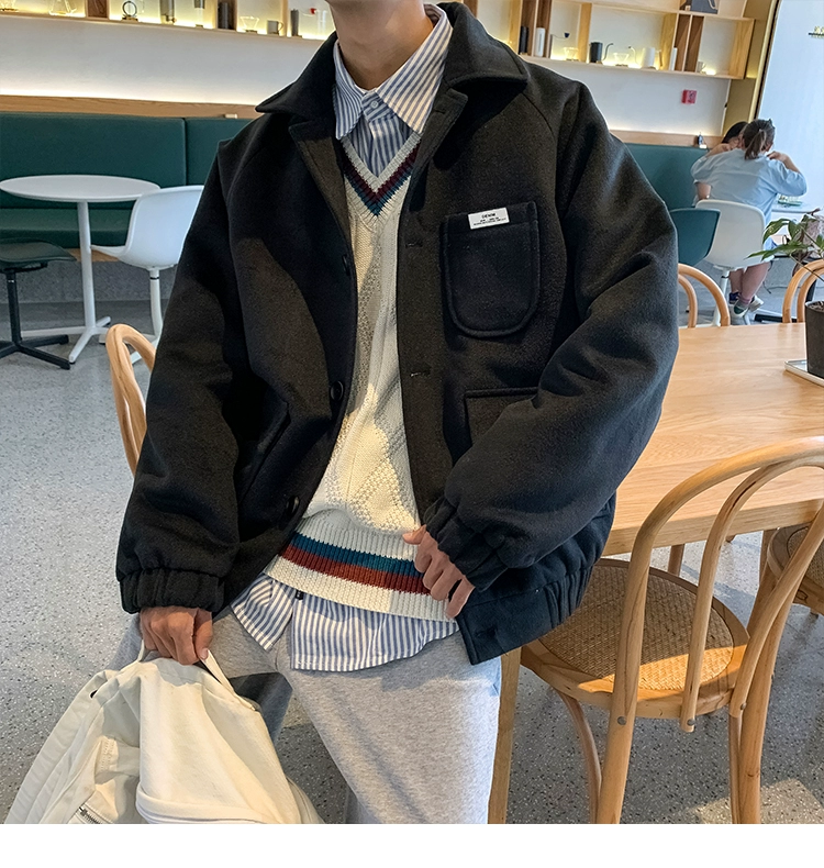 Áo khoác lửng nam mùa đông 2019 màu áo liền quần rộng rãi áo khoác len dày dày áo khoác xu hướng Hàn Quốc - Áo len