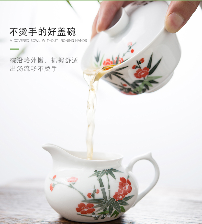 Next thousand red up with glaze color kung fu tea set home six small set of simple ceramic hand - made the name plum and the bamboo tureen tea cups