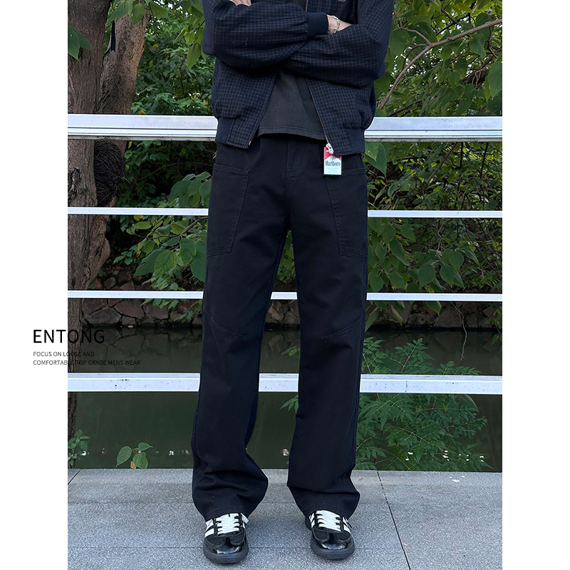 Entong Trendy Brand Versatile Black Work Pants for Men, American High Street Style, Straight Loose Fit with Large Pockets, Casual Long Pants