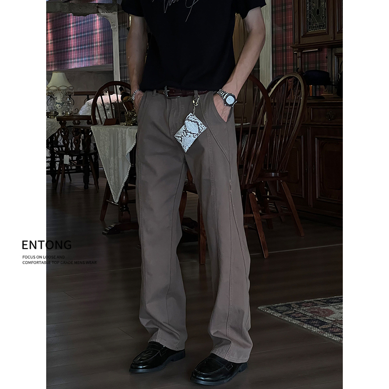 Entong Coffee-Colored Retro Deconstructed Design Jeans American High Street Style Men's Loose Straight Casual Trousers