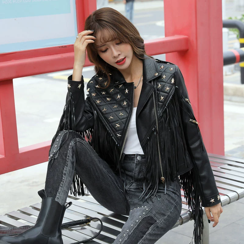 Thương hiệu thời trang mới của Thái Lan mùa thu và mùa đông đinh tán tua rua của phụ nữ áo khoác da áo khoác xe máy đường phố áo khoác ngắn mỏng của phụ nữ - Áo khoác ngắn