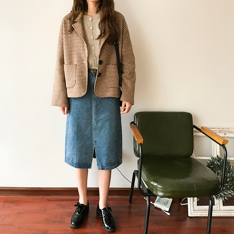 Buồn ngủ thỏ nhỏ hai mặt houndstooth phù hợp với áo khoác len nữ kẻ sọc mới 2018 áo da nữ dáng dài