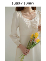 Sleeping rabbit retro peach heart square collar French high waisted dress female Hepburn wind small man thin A- line dress