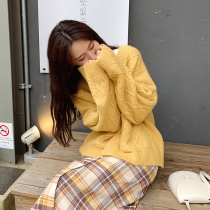  Sleepy rabbit horn buckle yellow burlap sweater womens Japanese spring new top lazy loose cardigan jacket
