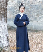 Winter thickened cotton linen robe long gown Hanfu white collar embossed linen gown shirt robe Tsing Yi cloth shirt