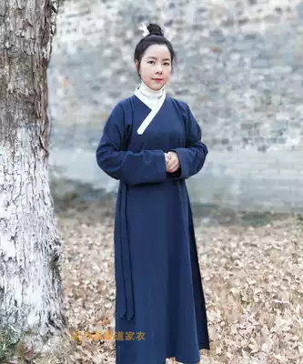 Winter thickened coarse cotton and linen robe kaftan diagonal lapel Hanfu white-collar embossed linen coat robe Tsing Yi cloth shirt