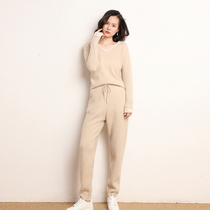 Off-season 100% pure cashmere high waist drape wide leg pants womens black loose casual long straight knitted pants