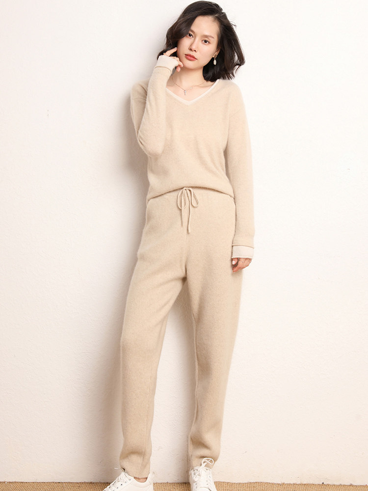 Anti-season autumn and winter 100% pure cashmere high waist drape wide-leg pants women's black loose casual lengthened straight knitted pants