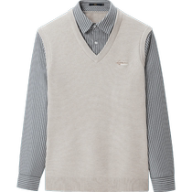 HLA Heilan House core-spun yarn double-collar sweater autumn and winter slim embroidered pullover casual fake two-piece for men