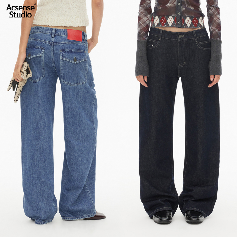 Acsense Studio As02 Classic Retro Mid-Low Waist Pocket Straight-Leg Washed Blue Loose Jeans Acsense Studio As02 Classic Retro Mid-Low Waist Pocket Straight-Leg Washed Blue Loose Jeans
