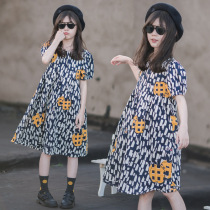 Korean childrens clothing 2021 summer new short-sleeved dress girls western style retro printing bubble sleeve princess skirt tide