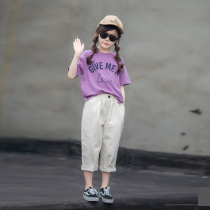 Big girls summer casual suit big boys western-style pure cotton bottoming shirt childrens round neck T-shirt short-sleeved two-piece set