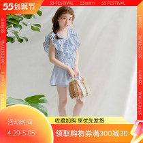 Girl Shorts Suit Korean Version Summer Academy Wind Great Boy Ocean Gas Sweet And Beautiful Lotus Leaf Side Striped Tide Two Sets