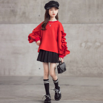 Girls  autumn new sweater 2021 middle and large childrens design sense ruffle zipper sleeves fashionable short top Western style