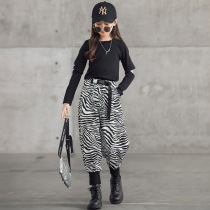 Girls  personality fashion suit 2021 autumn new Zhongda childrenS net red fried street BAO WEN harem pants two-piece set