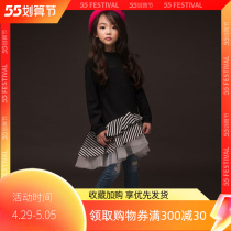 South Korean girls dress clothing dress spring dress New pure cotton striped splicing lotus leaf side skirt CUHK Childrens dress