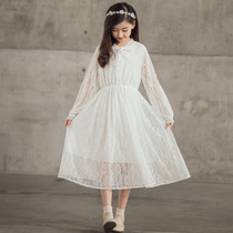 2021 autumn long-sleeved mesh skirt Girls sweet lace dress Spring and autumn Western style childrens bow princess skirt