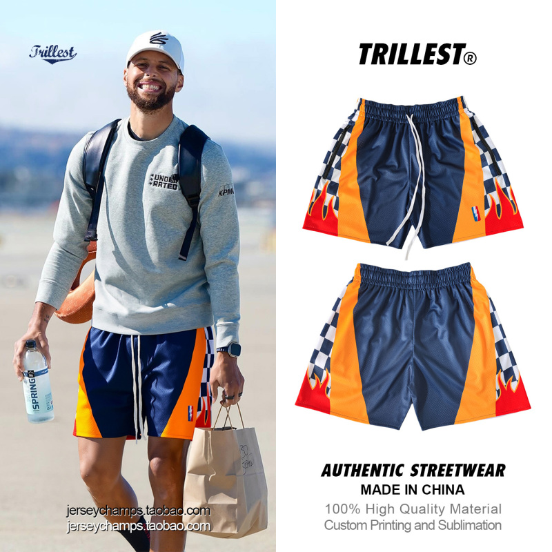 Trillest Curry Style Warriors Navy Blue Retro Mesh Digital Print American-Style Basketball Shorts
