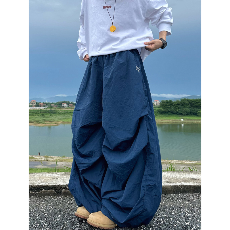 Xbro Japanese and Korean Style Embroidered Stacked Lantern Parachute Pants for Men and Women, Wide-Leg Loose Floor-Length Drape Dance Casual Pants
