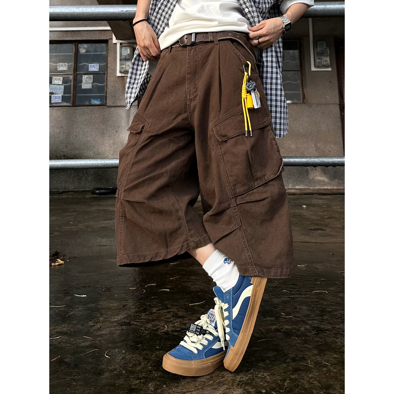 Xbro American Retro Pleated Summer Loose Shorts Cargo Pants Cropped Pants Multi-Pocket Unisex Wide-Leg Pants