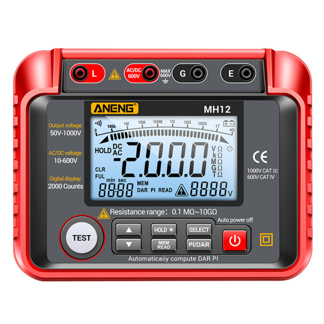 Digital megohmmeter MH12 ເຄື່ອງທົດສອບຄວາມຕ້ານທານແຮງດັນ 500V ເຄື່ອງກວດຈັບເຄື່ອງກວດໄຟຟ້າອັດສະລິຍະ ຊ່າງໄຟຟ້າອັດສະລິຍະ ຄວາມລະອຽດສູງ