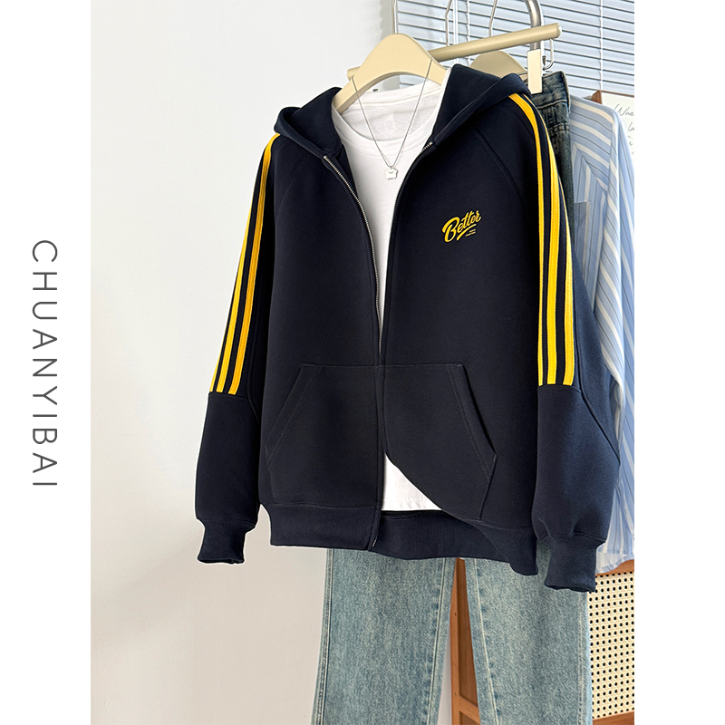 Navy Blue Hooded Cardigan Double Zipper Sweatshirt for Women 2025 Autumn and Winter New Korean Style Lazy Style Three Stripes Jacket Navy Blue Hooded Cardigan Double Zipper Sweatshirt for Women 2025 Autumn and Winter New Korean Style Lazy Style Three Stripes Jacket