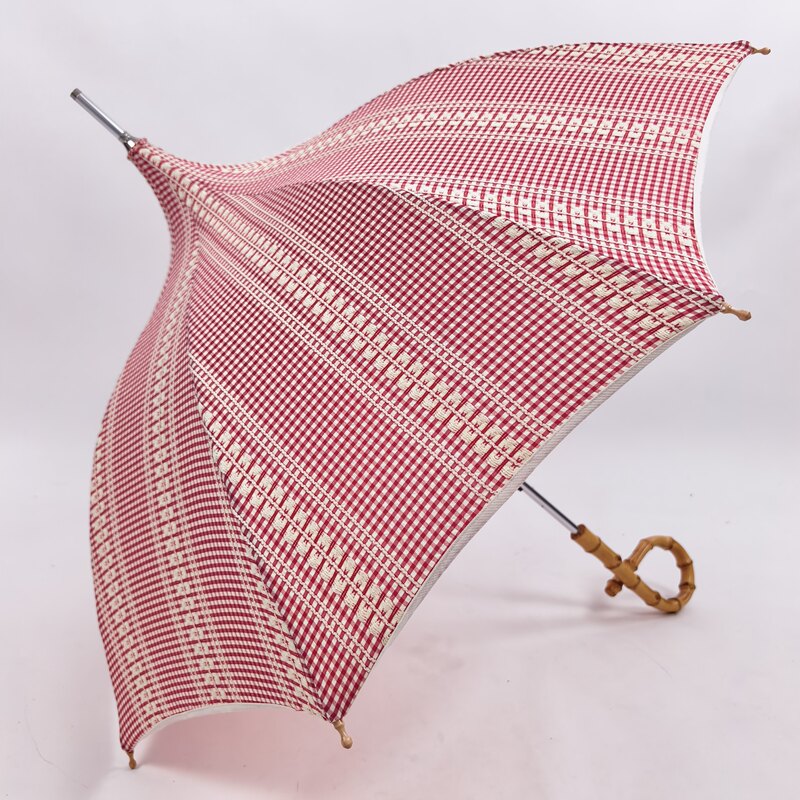 [Victoria Cotton Red and White Checkered] Japanese Bamboo Handle Manual Apollo Pagoda Long Handle Small Umbrella