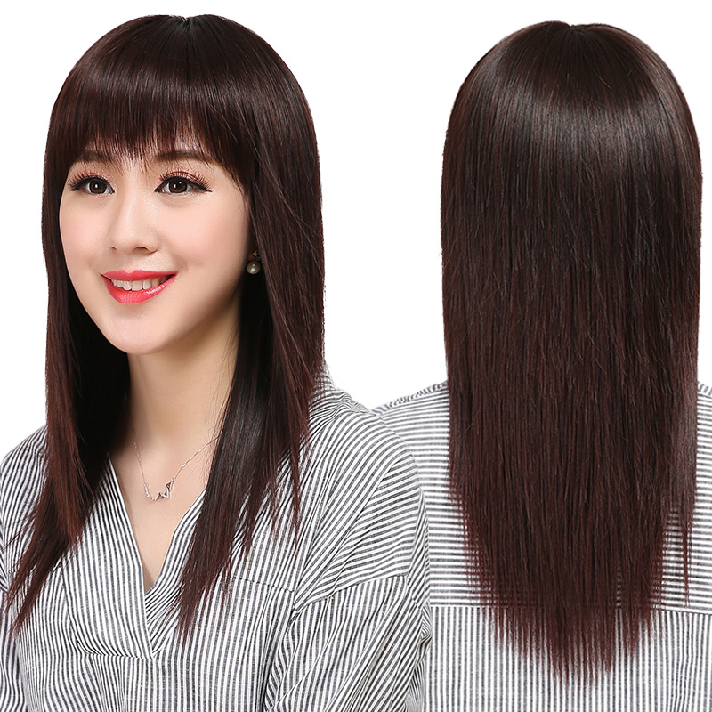 Long Straight Wig for Women, Full Head Cover, Medium Length, Real Human Hair with Bangs, Natural Look for Middle-Aged and Elderly Ladies