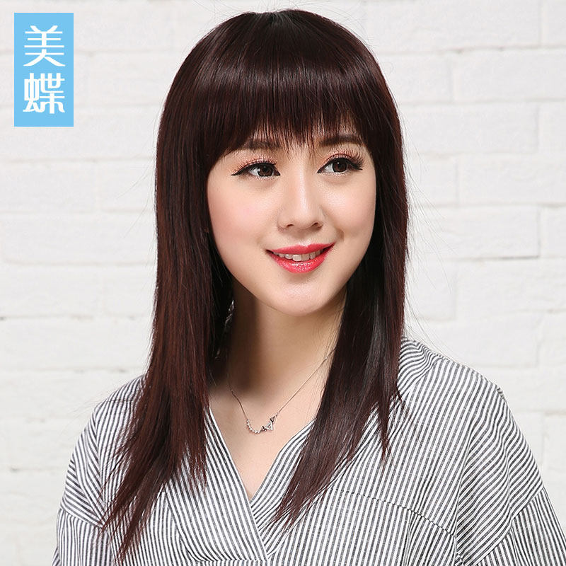 美丽女 长直发 隐形无痕全头中长锁骨发齐斜刘海假头套女自假发