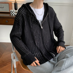 Spring and Autumn hollow sweater sweater jacket men's hooded zipper outer wear loose trendy brand ins Japanese style sweater Hong Kong style