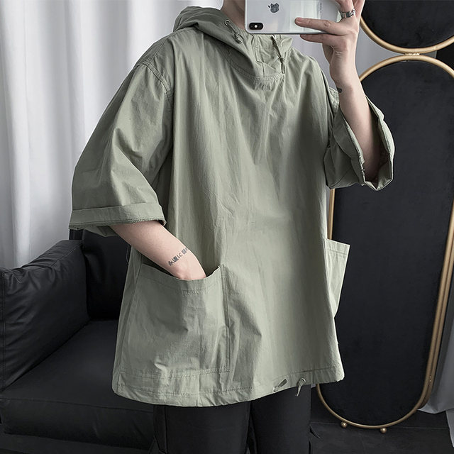Summer ບາງສ່ວນສາມໄຕມາດ sleeve jacket ຜູ້ຊາຍ hooded ວ່າງ ins ຮ່ອງກົງຄົນອັບເດດ: ຍີ່ຫໍ້ handsome 7-quarter sleeve shirt ເຄື່ອງນຸ່ງຫົ່ມປ້ອງກັນແສງແດດ