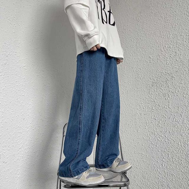 ພາກຮຽນ spring ແລະດູໃບໄມ້ລົ່ນ Jeans ຜູ້ຊາຍຂາກົງ Loose Trendy ຍີ່ປຸ່ນ Retro Korean Style High Street Fashion Brand Ins Elastic Band Long Pants